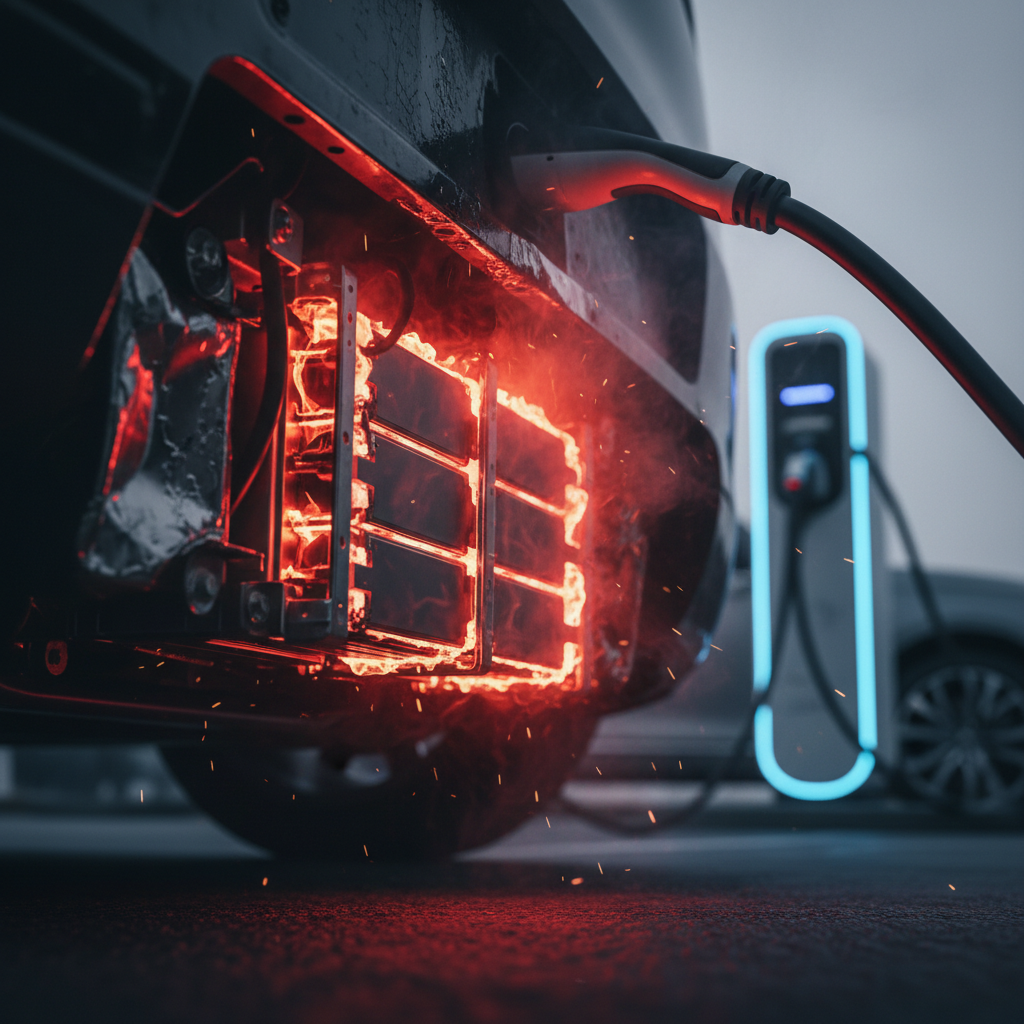 Image d'une batterie de véhicule électrique en surchauffe, avec des zones rouges et déformées.