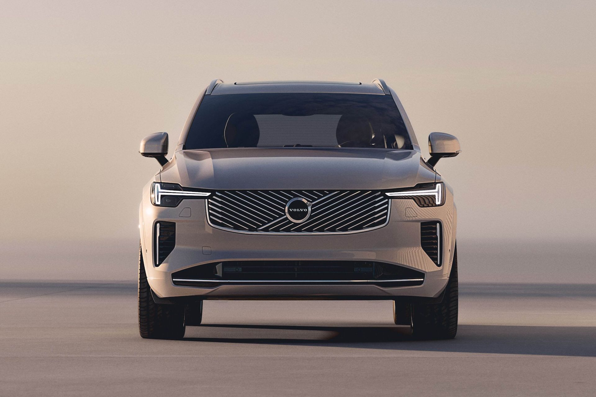Vue de face du Volvo EX90 2026, un SUV électrique au design contemporain et élégant.