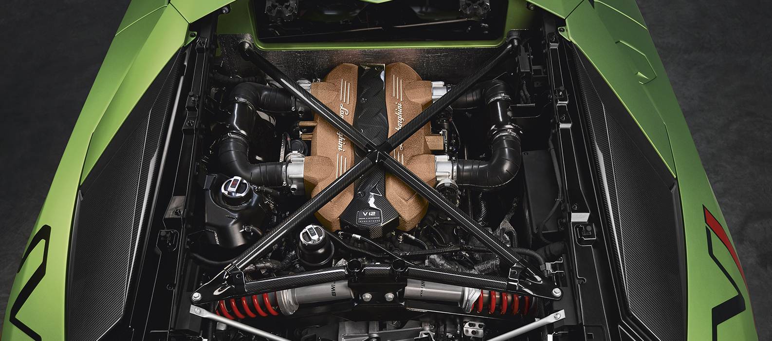 Gros plan détaillé d'un moteur V12 de Lamborghini, mettant en évidence ses composants mécaniques complexes et sa finition luxueuse.