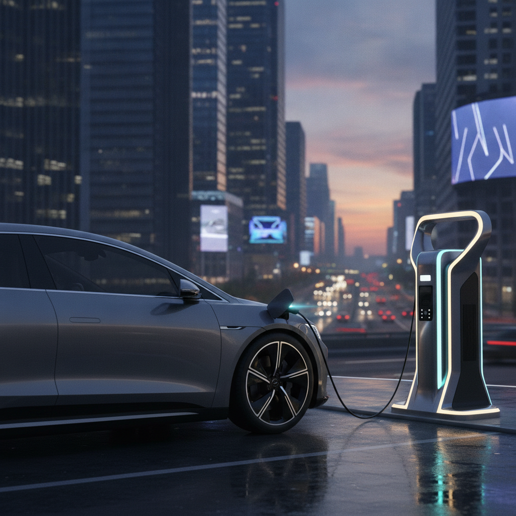 Une voiture électrique en charge sur une borne moderne dans un environnement urbain au crépuscule.