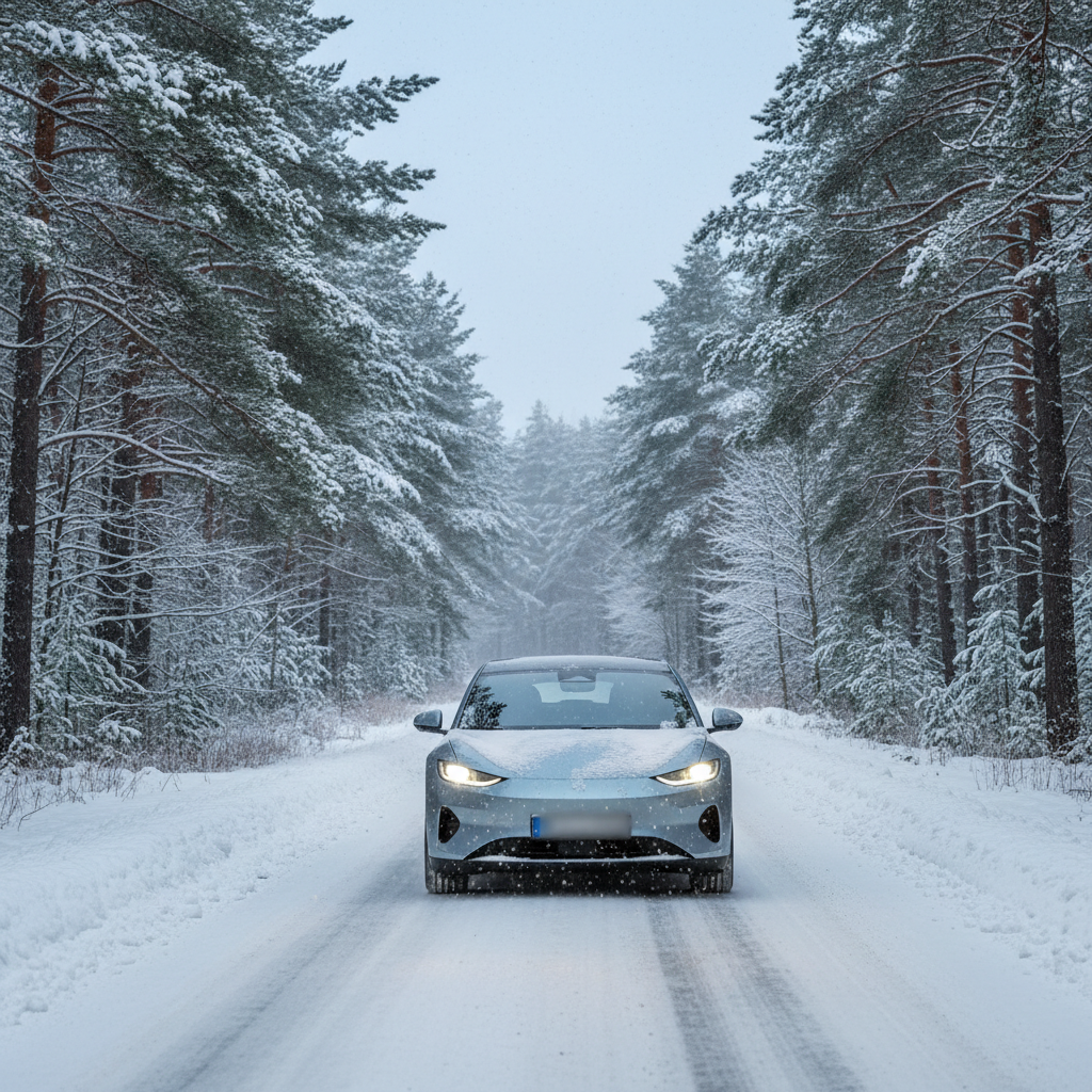 Une voiture électrique moderne et élégante roule sur une route enneigée, entourée d'arbres couverts de neige sous un ciel lumineux et diffus. L'image dégage une atmosphère calme et froide.