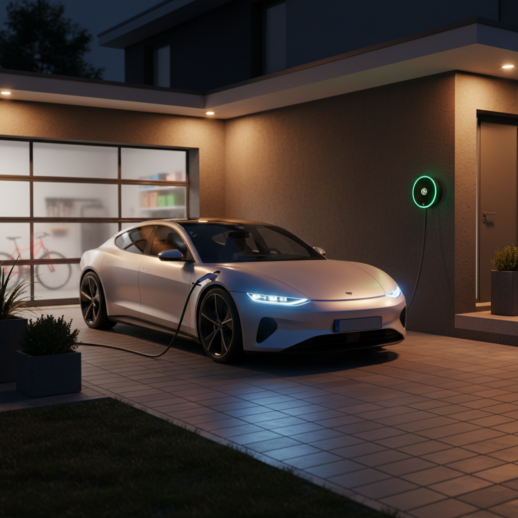 Une voiture électrique branchée à une borne de recharge murale dans un garage résidentiel, la nuit, symbolisant la recharge économique à domicile.