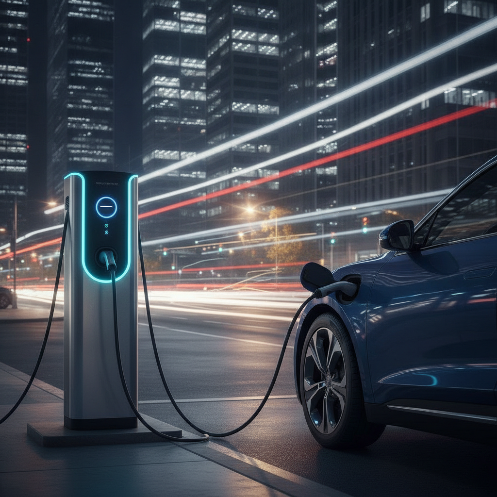 Une voiture électrique moderne de couleur sombre est connectée à une borne de recharge rapide dans un environnement urbain nocturne. Les lumières de la ville sont floues en arrière-plan, et la borne de recharge émet une lumière douce.