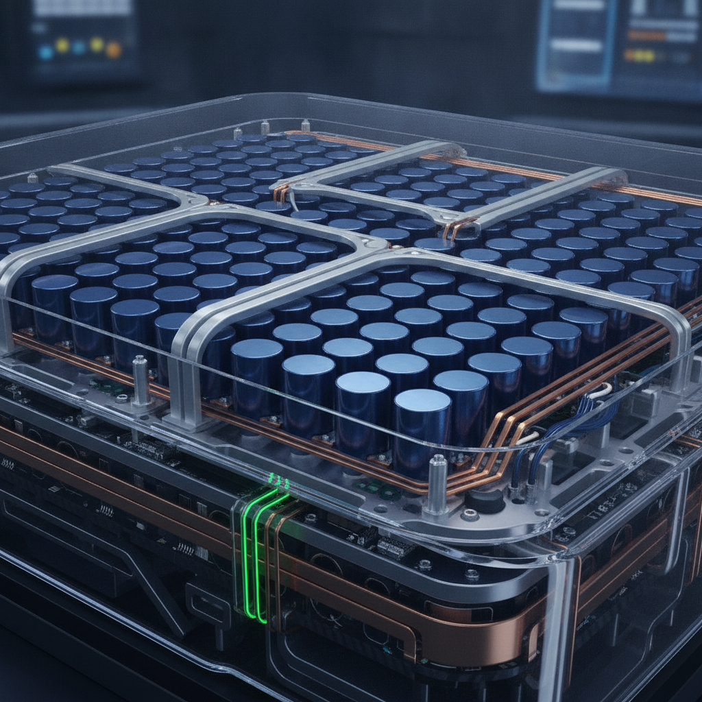 Gros plan détaillé d'un pack de batteries de voiture électrique, montrant des modules rectangulaires interconnectés avec des câbles et des composants électroniques. La surface est lisse et légèrement réfléchissante, suggérant un matériau composite.