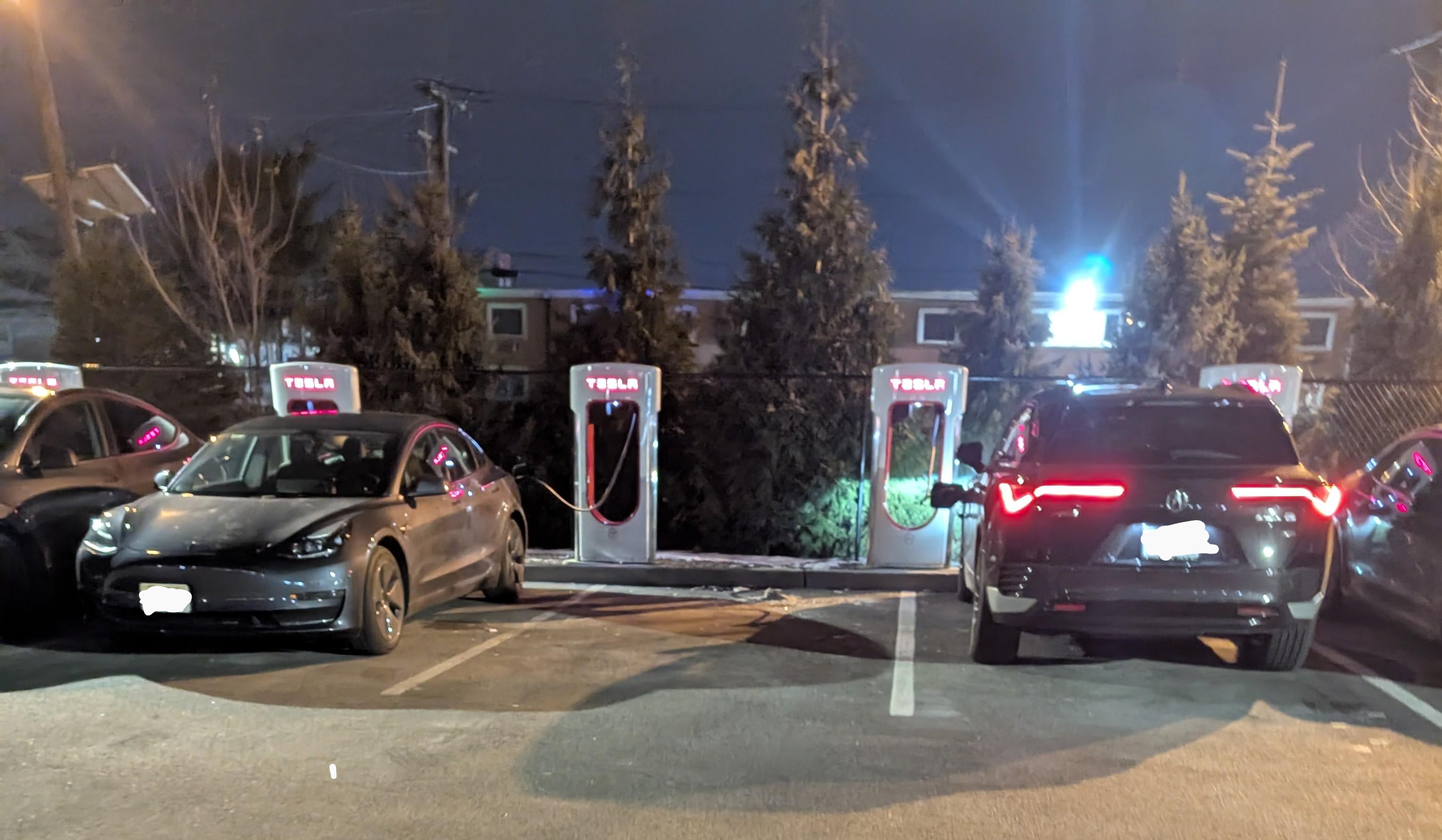 Plusieurs voitures Tesla en charge à une station Supercharger, illustrant les options de recharge gratuite pour certains modèles.