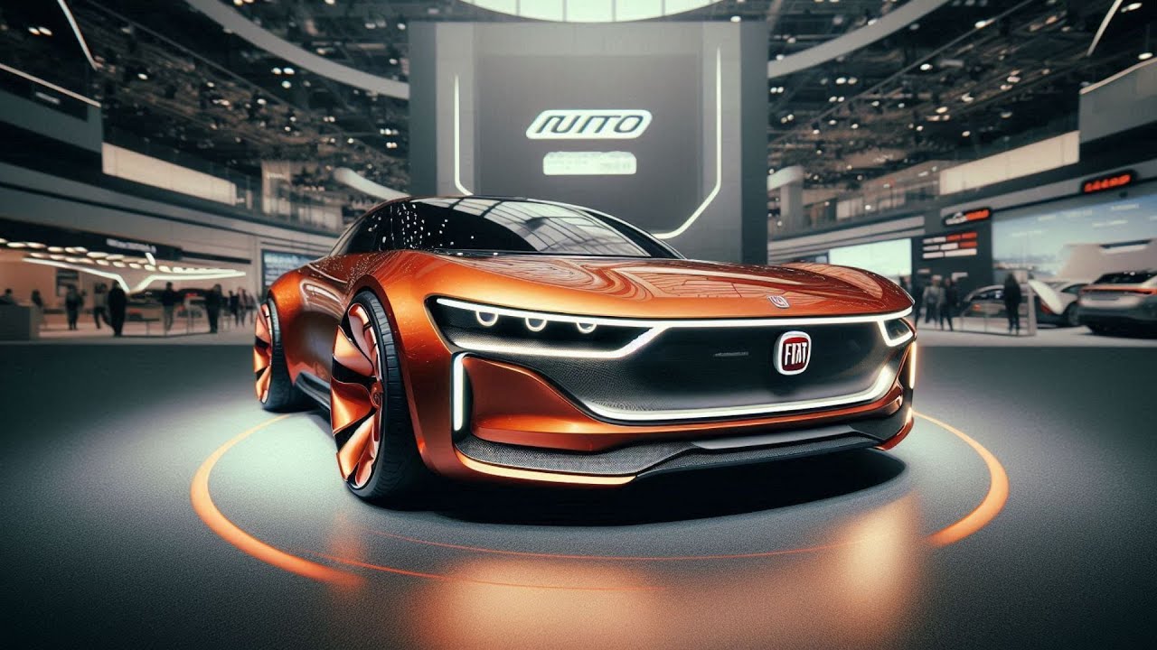 Une Fiat 850 E Concept électrique, de couleur vive, garée dans une rue pittoresque avec un arrière-plan urbain flou.