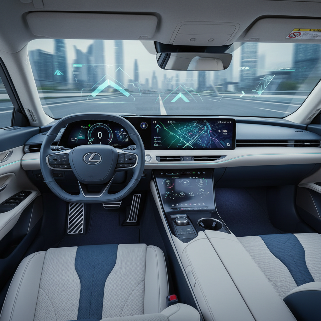 Intérieur futuriste d'une Lexus IS électrique, montrant un tableau de bord numérique, des écrans tactiles et des sièges en matériaux luxueux et durables.
