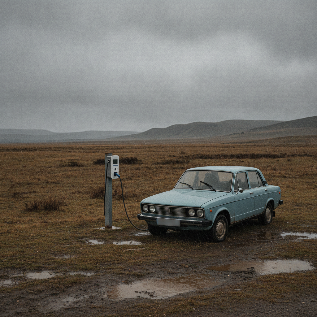 Une borne de recharge isolée dans un paysage rural, avec une voiture ancienne en charge, illustrant le manque d'infrastructures.