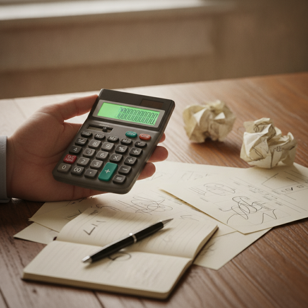 Une main tenant une calculatrice, avec des documents financiers et un stylo sur un bureau en bois, symbolisant la planification financière.