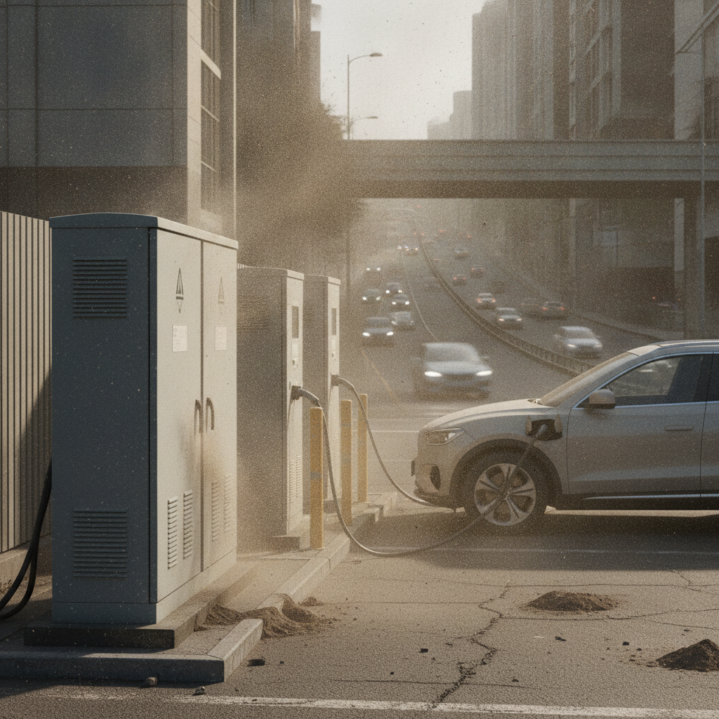 Image rapprochée d'une borne de recharge rapide pour véhicules électriques, montrant des particules de poussière et de fines particules en suspension autour des armoires électriques et des ventilateurs de refroidissement.