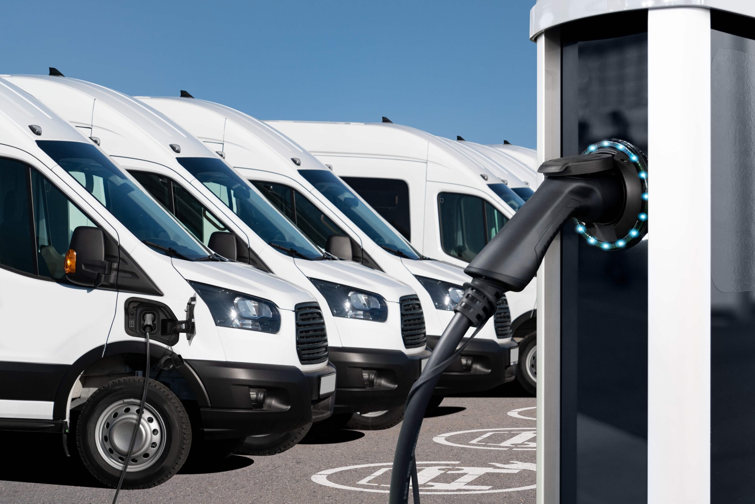 Vue aérienne d'un parking d'entreprise avec de nombreux véhicules électriques en cours de recharge, symbolisant l'essor des flottes d'entreprise électriques.