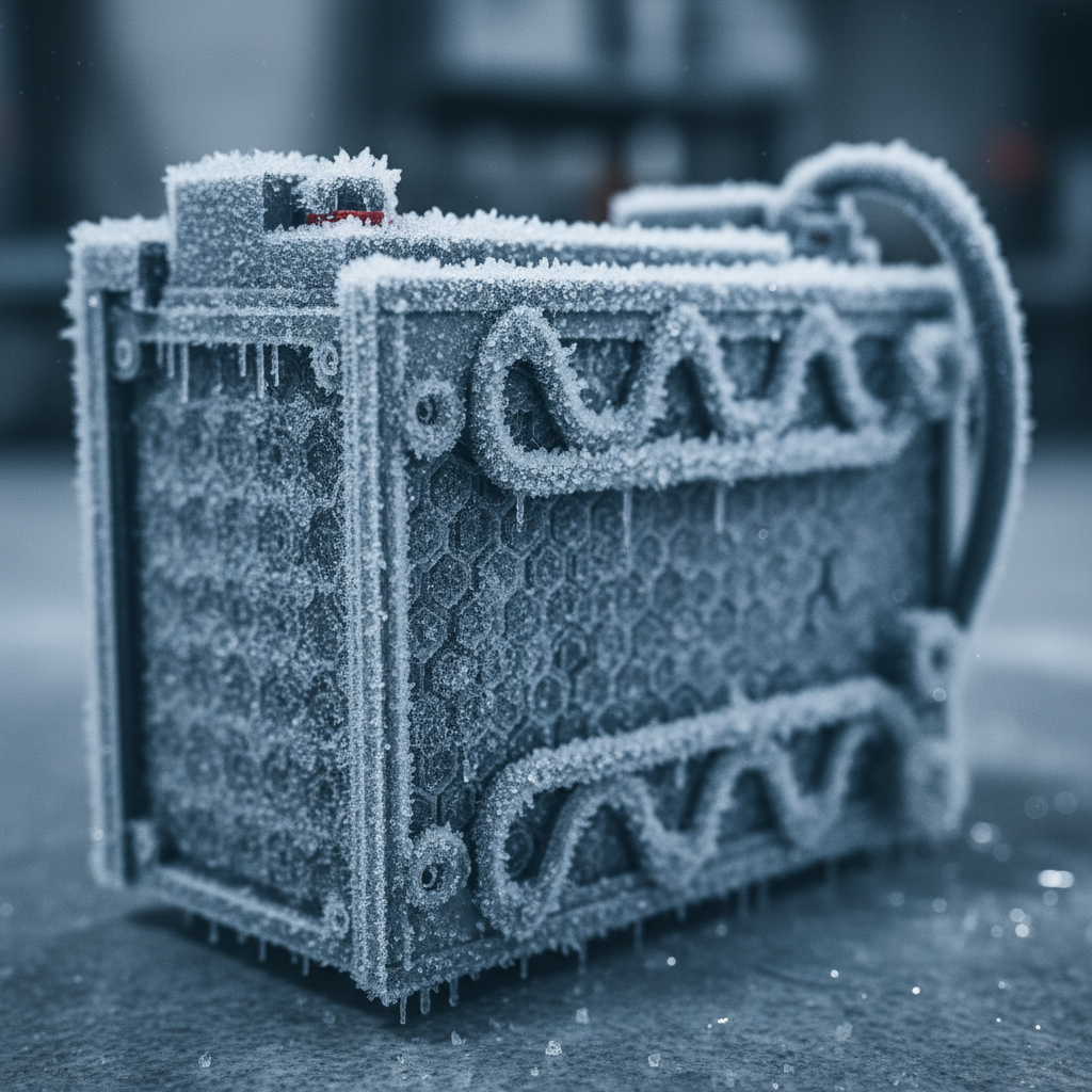 Gros plan sur une batterie de véhicule électrique recouverte de givre, symbolisant l'impact du froid sur ses performances.