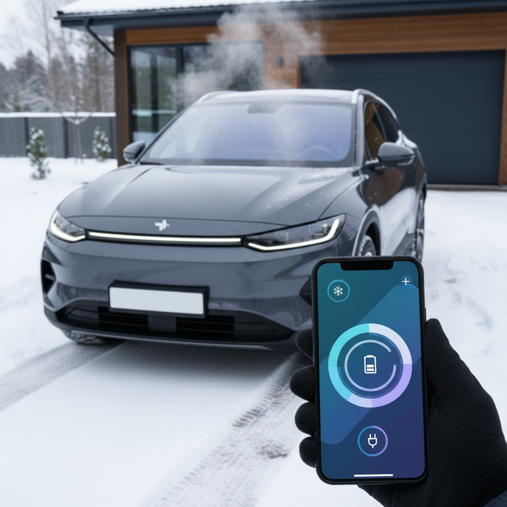 Véhicule électrique garé dans la neige avec de la vapeur s'échappant du capot, illustrant le préchauffage à distance via une application mobile.