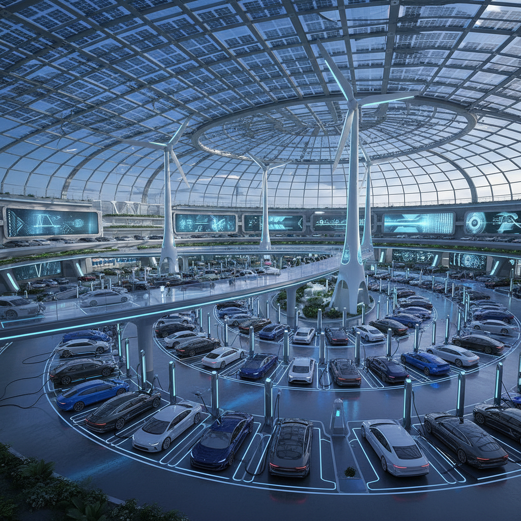 Image d'un grand centre de recharge pour véhicules électriques, avec de nombreuses voitures branchées à des bornes modernes, suggérant une infrastructure de recharge massive et efficace.