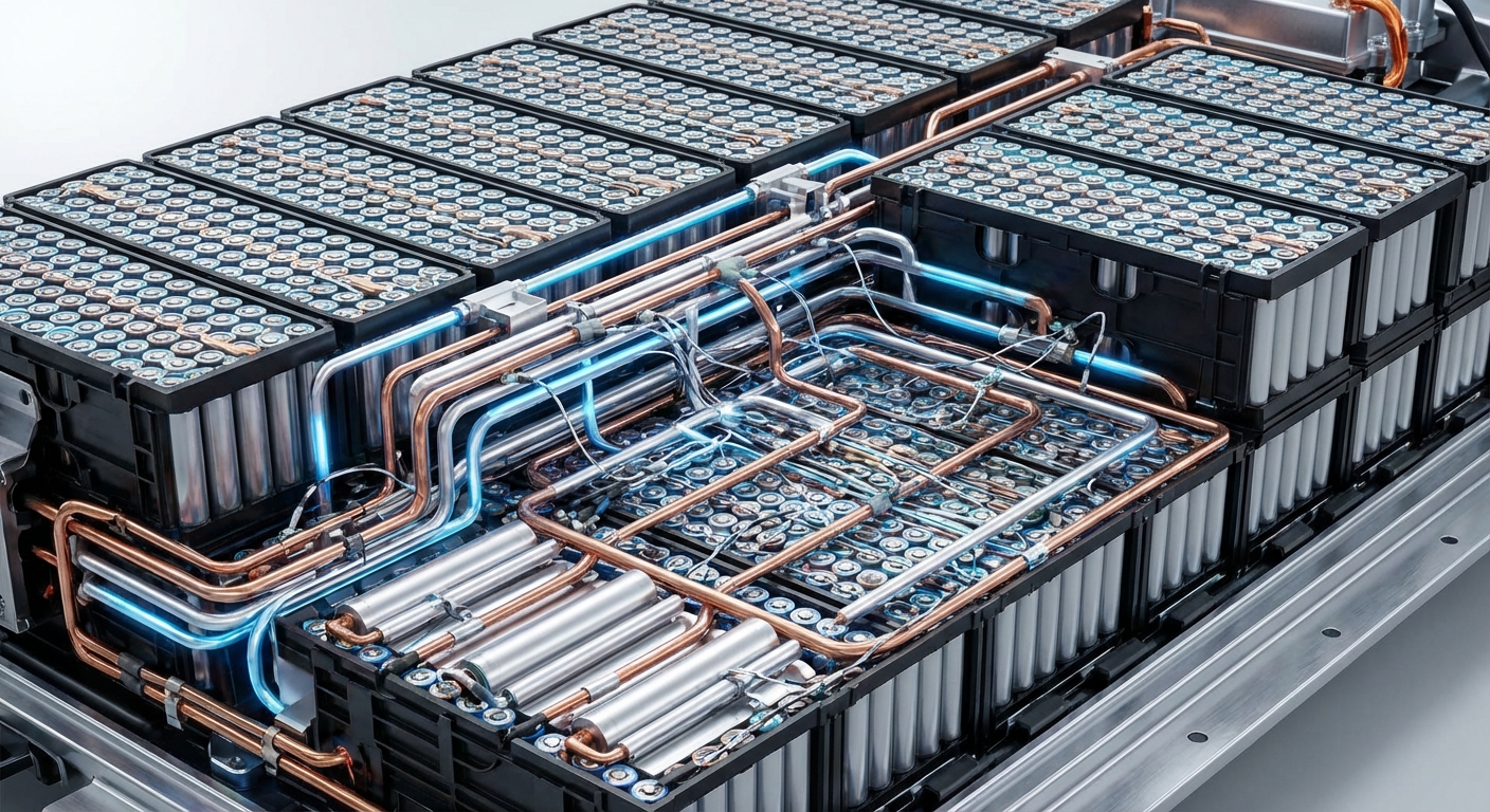 Illustration détaillée des composants internes d'une batterie de véhicule électrique, avec un accent sur les systèmes de gestion thermique.