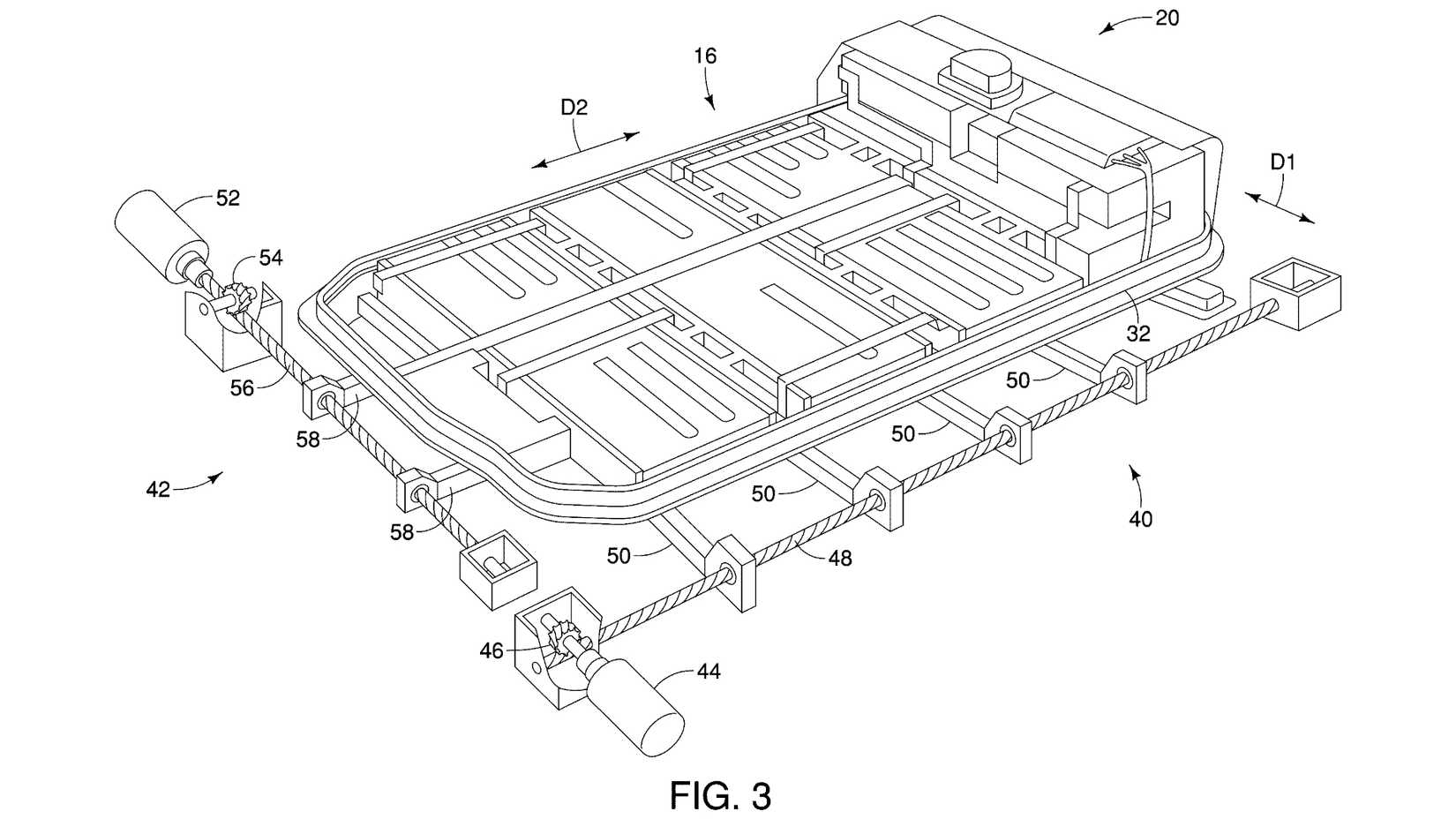 Diagramme technique montrant un pack de batterie de voiture électrique Nissan avec des actionneurs permettant un mouvement latéral et longitudinal pour une meilleure dynamique du véhicule.