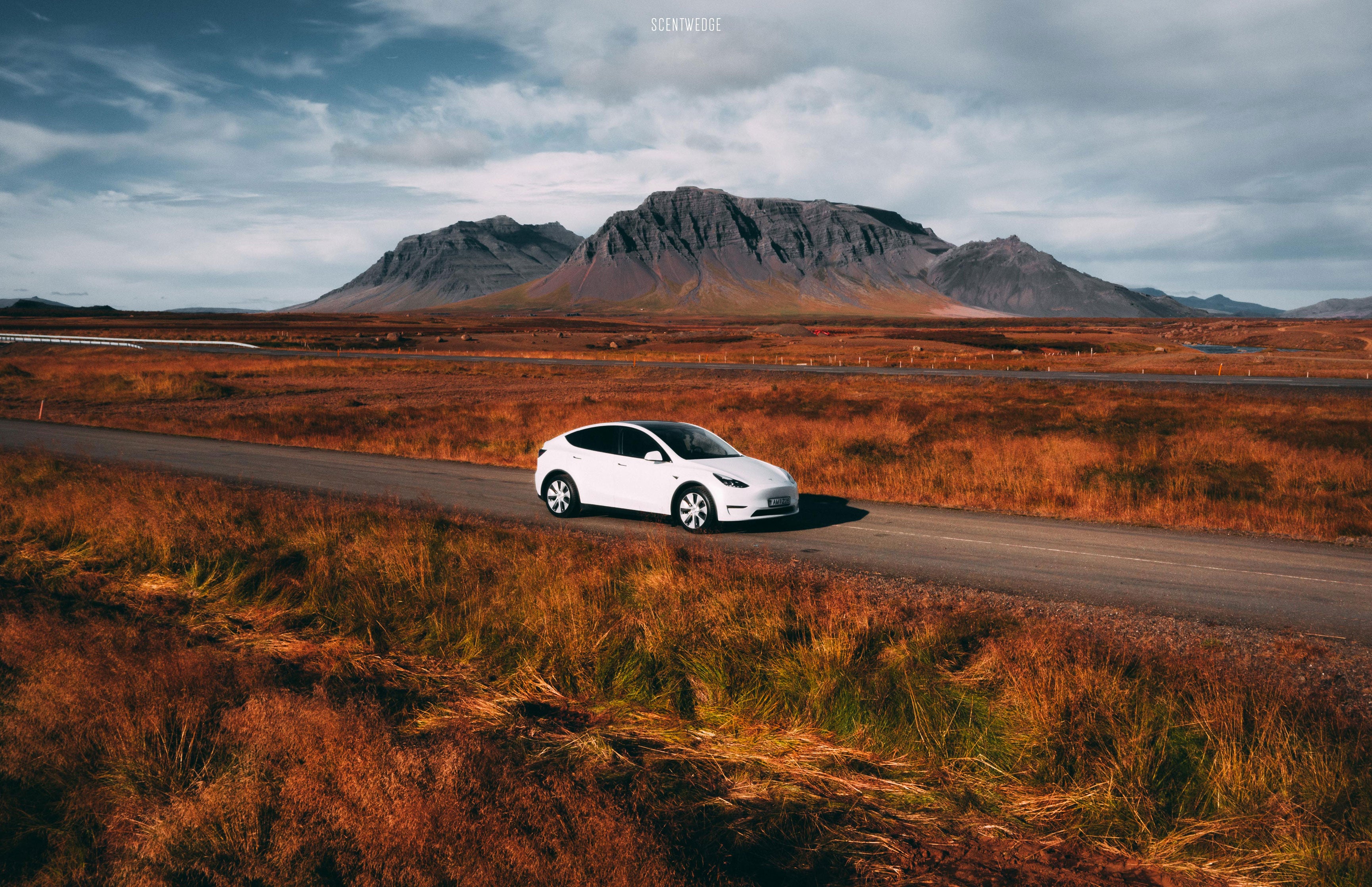 Une Tesla Model Y de couleur argent roulant sur une route côtière sinueuse au coucher du soleil.