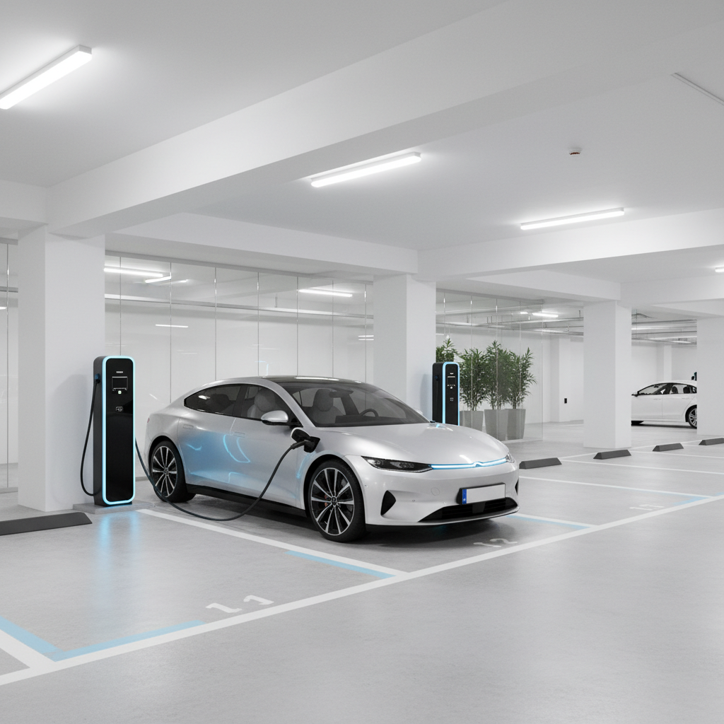Image d'une borne de recharge pour véhicule électrique dans un parking souterrain de copropriété, avec une voiture branchée.