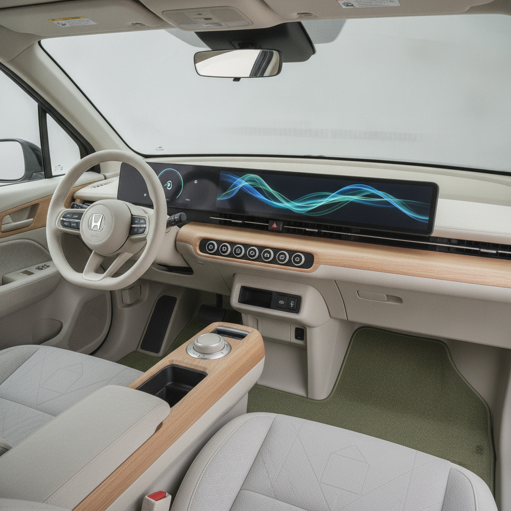 L'intérieur d'une Honda Super-N, montrant un tableau de bord minimaliste et un volant moderne.