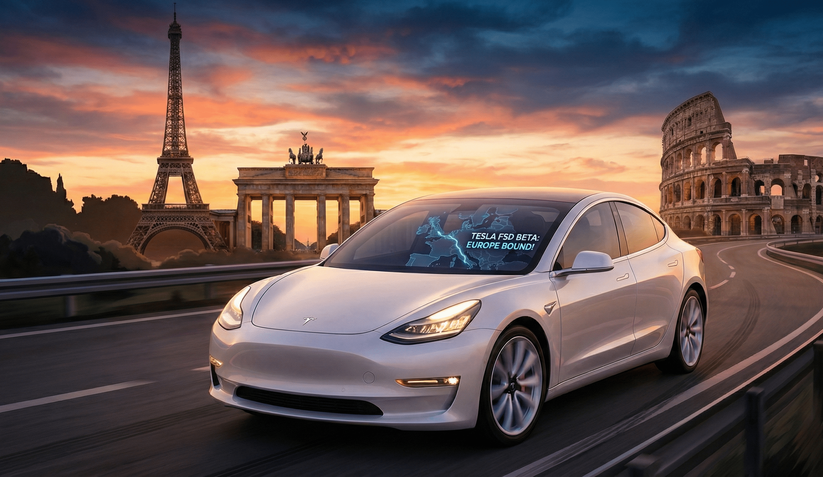 Une Tesla avec le système FSD activé, naviguant dans un environnement urbain européen complexe, avec un tableau de bord futuriste.