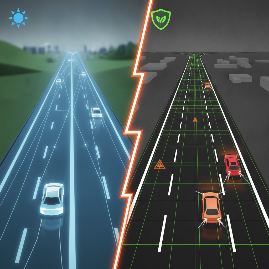 Image comparative de deux systèmes de conduite autonome, l'un représentant Tesla FSD et l'autre un système concurrent, illustrant leurs différentes philosophies.