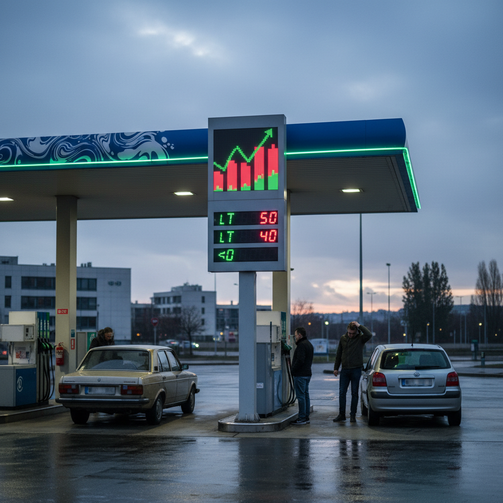 Une station-service européenne affichant des prix du carburant très élevés, symbolisant l'impact des tensions géopolitiques sur le coût de l'essence et du diesel.