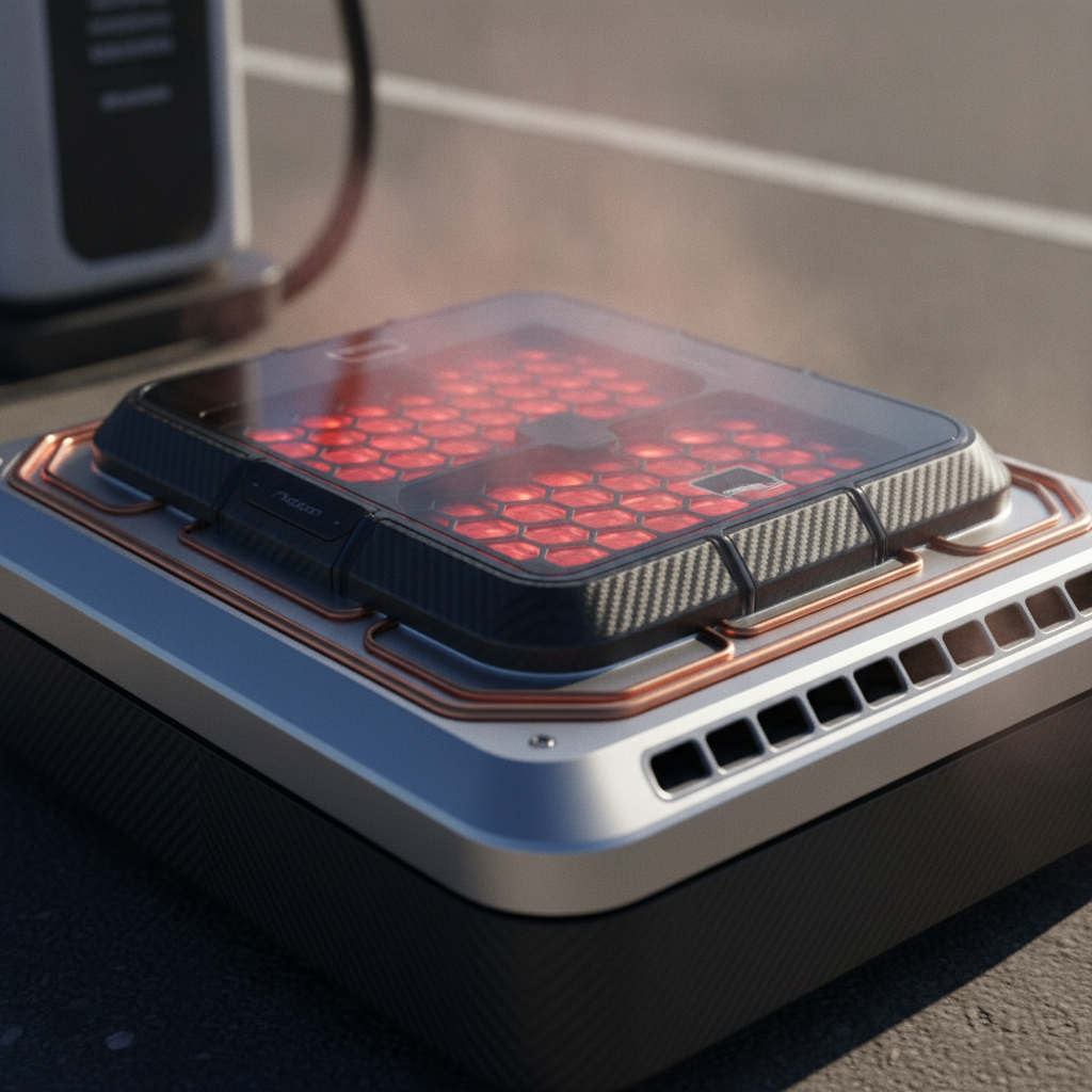 Gros plan sur une batterie de voiture électrique avec des signes de surchauffe, illustrant l'impact de la chaleur estivale.