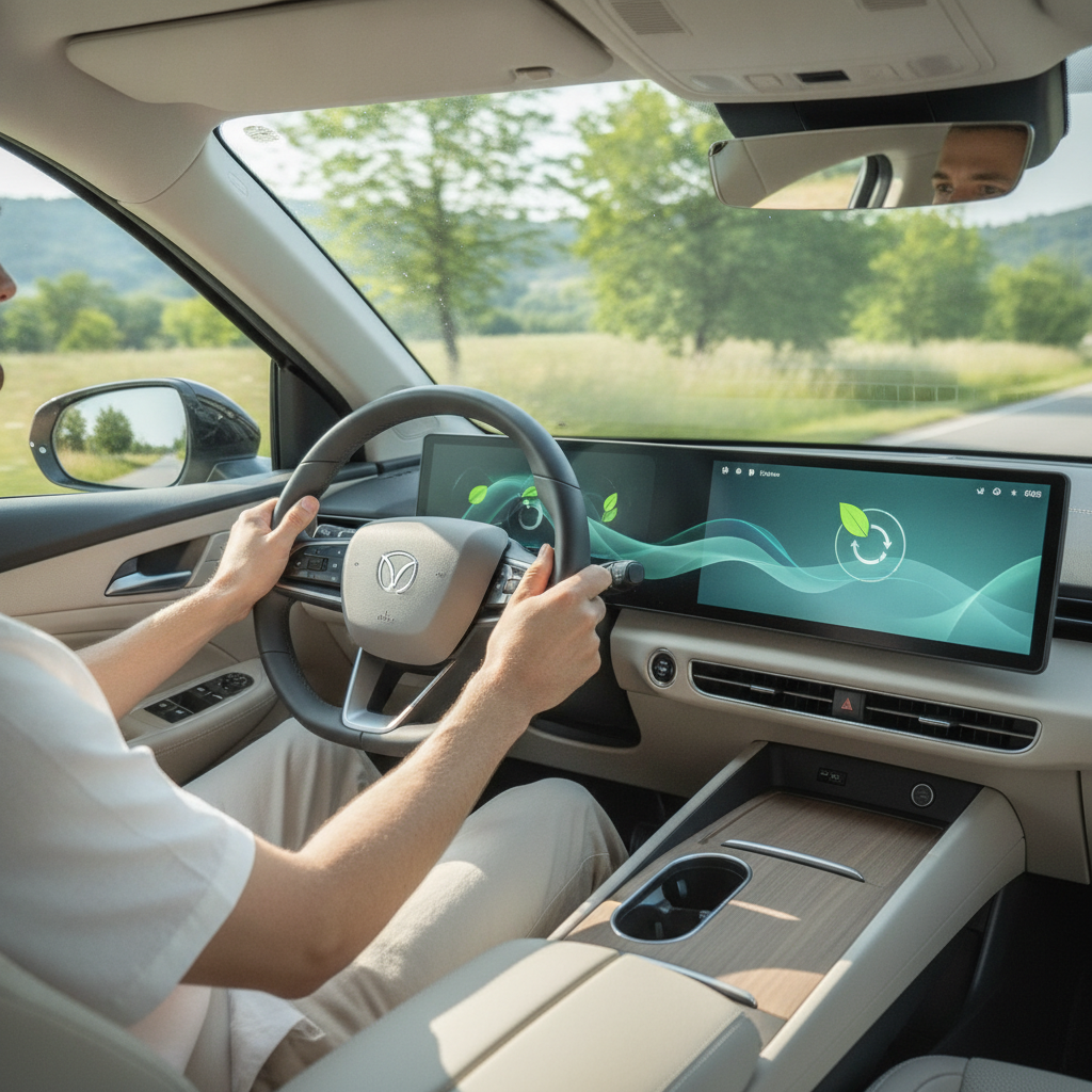 Un conducteur de voiture électrique utilisant le mode éco sur son tableau de bord, avec des mains sur le volant.