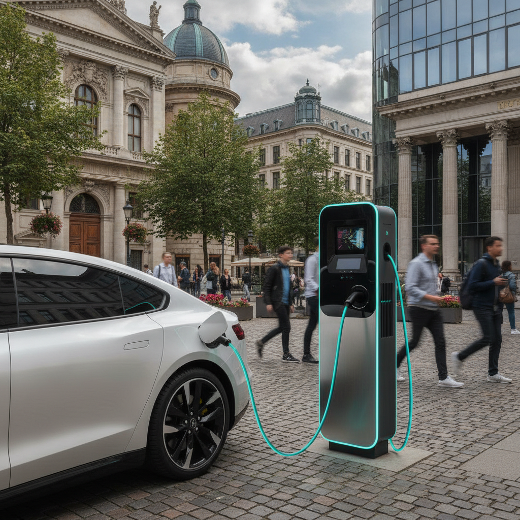 Une voiture électrique en charge sur une borne moderne dans une rue européenne animée.