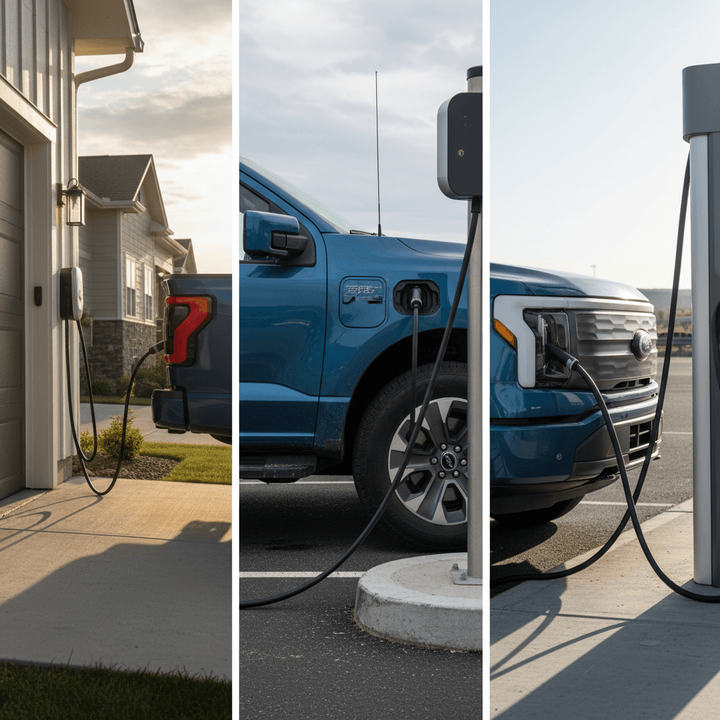 Un Ford F-150 Lightning gris métallisé est branché à une borne de recharge rapide, avec le câble bien visible. L'arrière-plan est flou, suggérant un environnement urbain moderne.