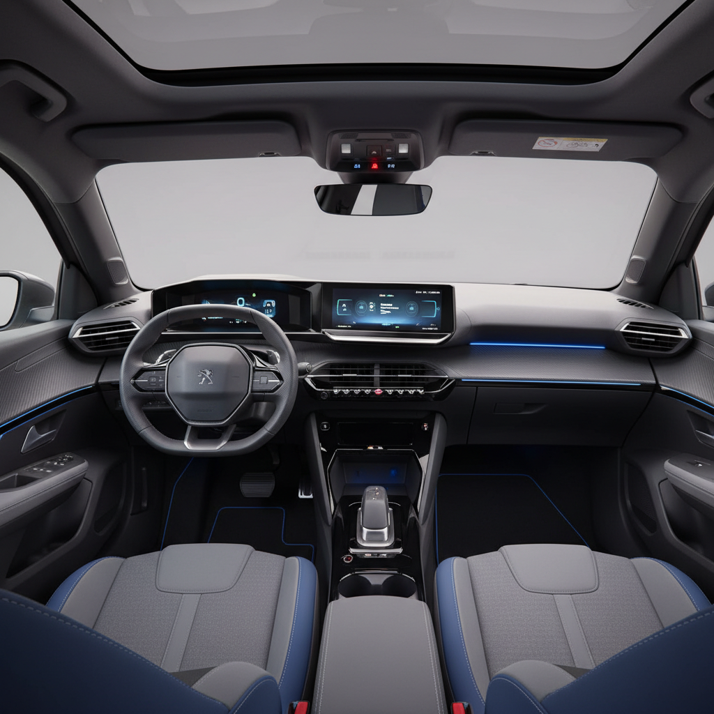 Vue de l'intérieur d'une Peugeot e-208 de 2026, montrant le tableau de bord numérique et l'écran tactile central.