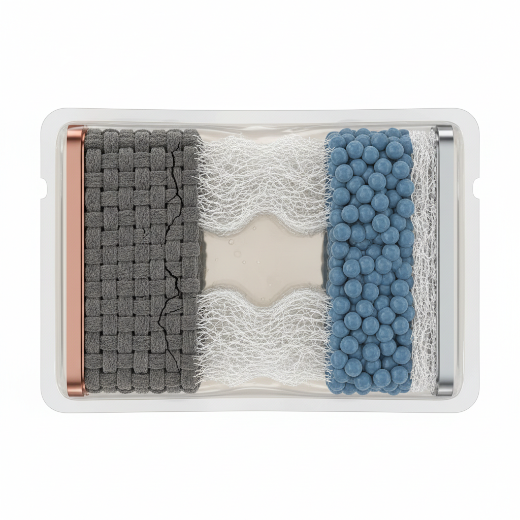 Illustration détaillée d'un décollement d'anode à l'intérieur d'une cellule de batterie de véhicule électrique.
