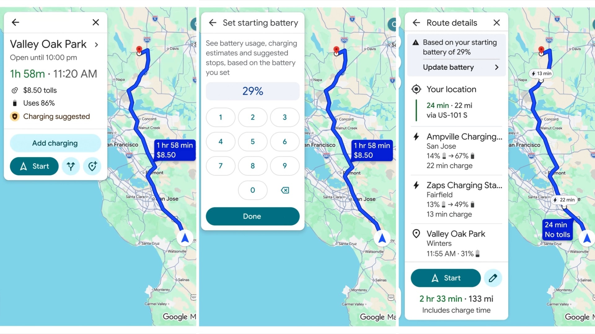 Un tableau de bord de voiture futuriste avec une projection holographique de Google Maps affichant des données en temps réel (trafic, météo, topographie) influençant l'autonomie d'un véhicule électrique.