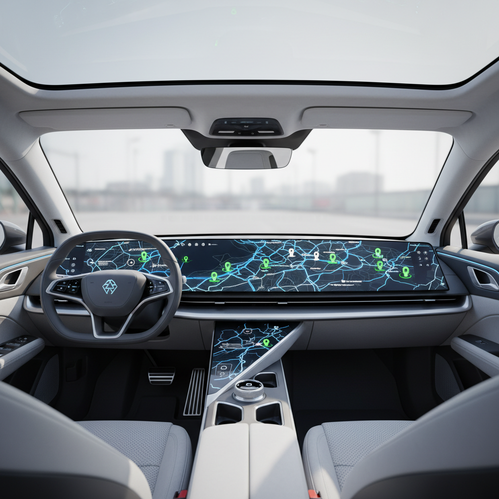 Intérieur d'une voiture électrique avec l'écran de navigation affichant des bornes de recharge.