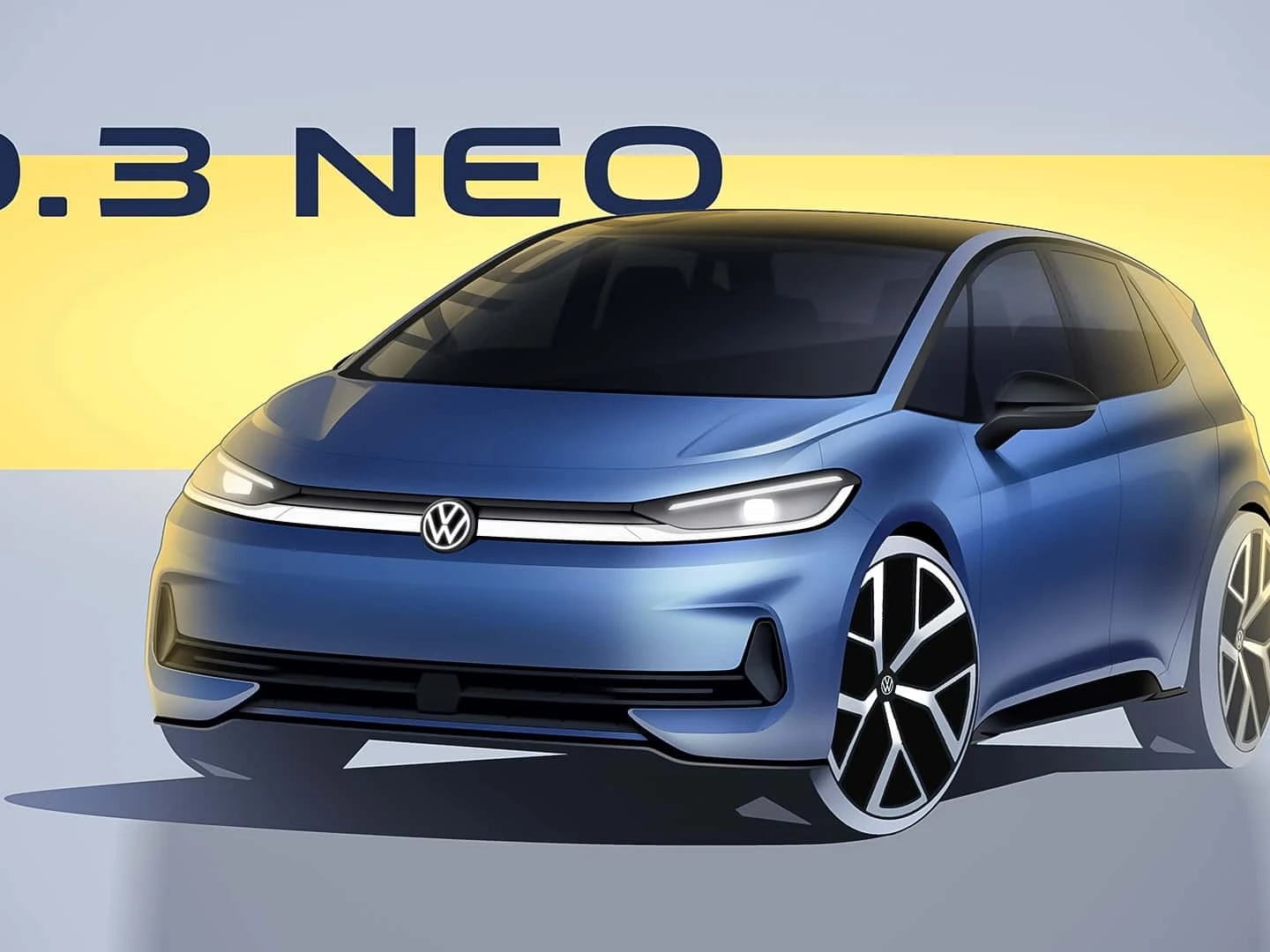 Vue avant d'une Volkswagen ID.3 Neo 2026 grise, garée dans une rue de ville moderne au crépuscule, mettant en valeur sa calandre redessinée et ses phares élégants.