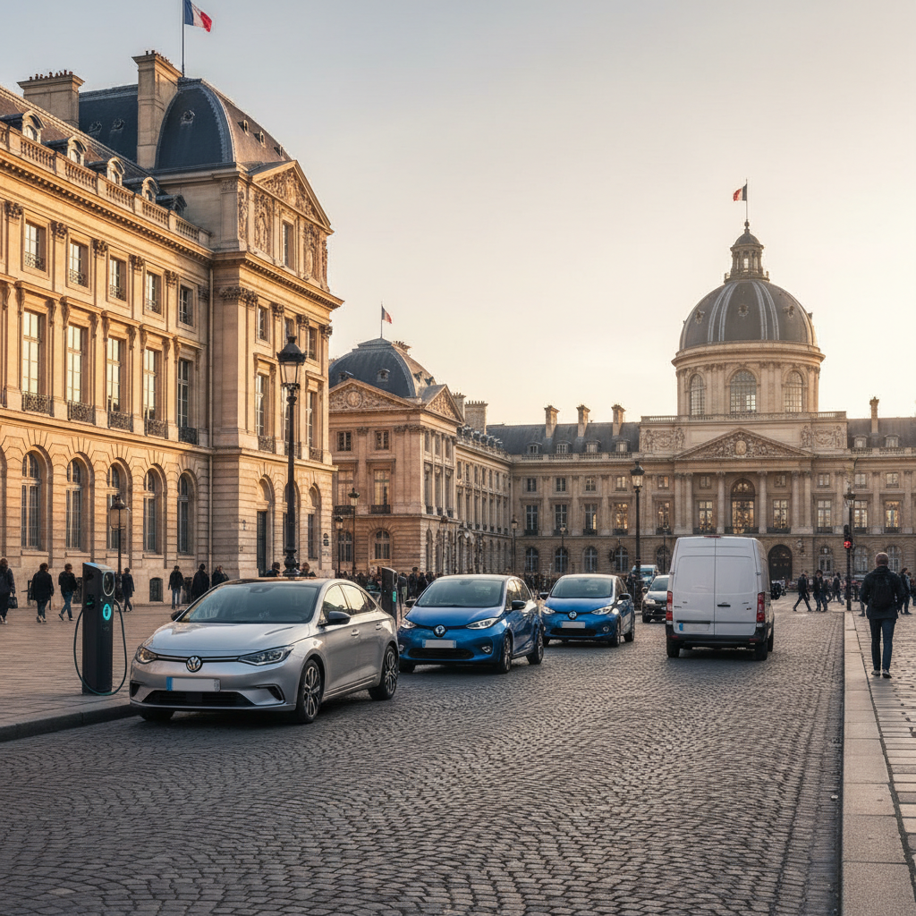 Des voitures électriques garées dans une rue française avec des bâtiments gouvernementaux en arrière-plan, symbolisant les subventions.