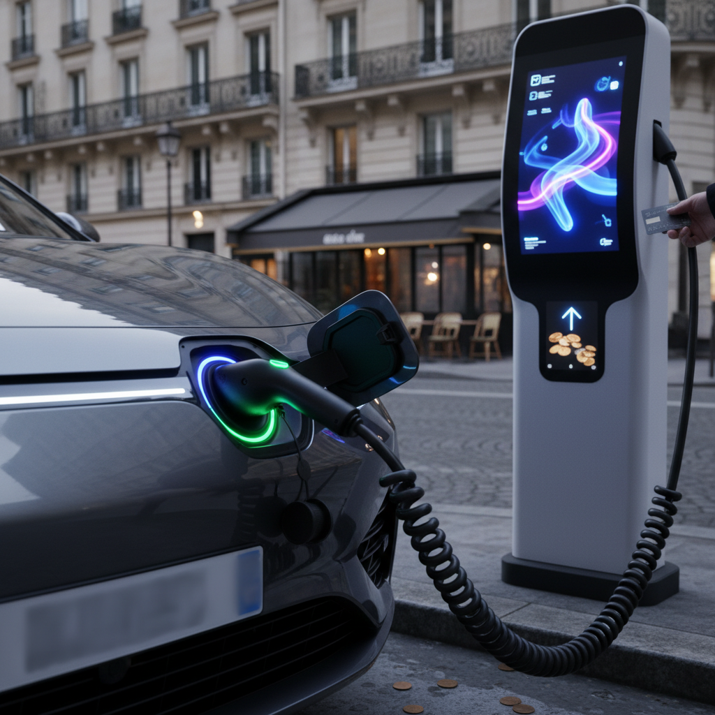 Une voiture électrique en charge à une borne publique en France, illustrant les coûts de recharge.