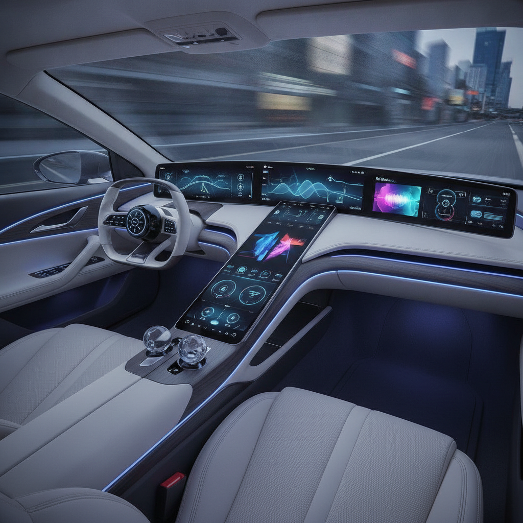 Intérieur d'une voiture futuriste avec un tableau de bord numérique avancé, des écrans tactiles intégrés et un éclairage d'ambiance, représentant un cockpit intelligent.
