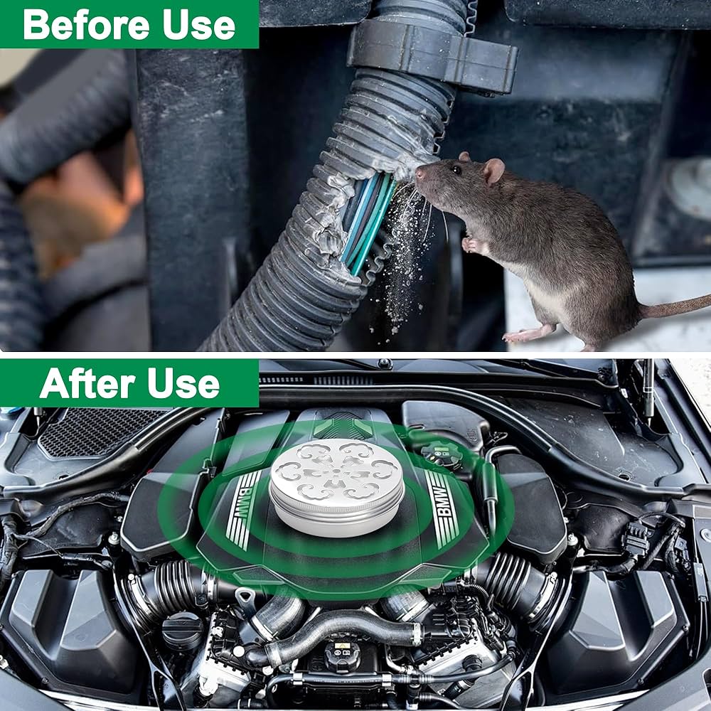 Compartiment moteur d'une voiture avec des répulsifs anti-rongeurs, y compris des sachets d'huile de menthe poivrée et un appareil à ultrasons.