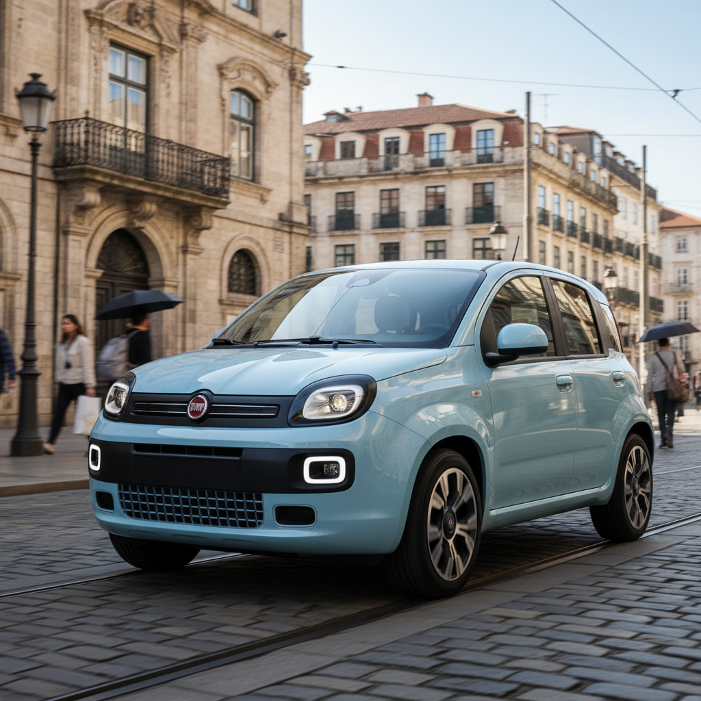 Une Fiat Grande Panda électrique bleu clair roulant dans une rue de ville européenne animée.