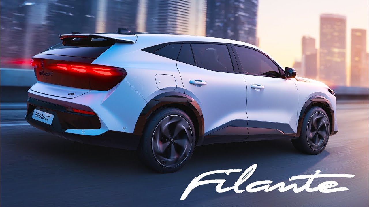 Vue extérieure du Renault Filante 2026, un SUV hybride E-Tech, avec un design moderne et des lignes élégantes.