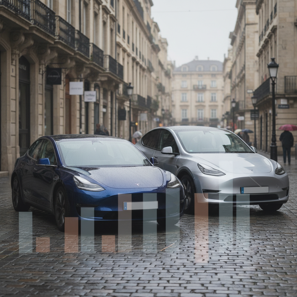 Deux voitures Tesla, un Model 3 et un Model Y, garées dans une rue européenne, symbolisant la baisse des ventes du constructeur.