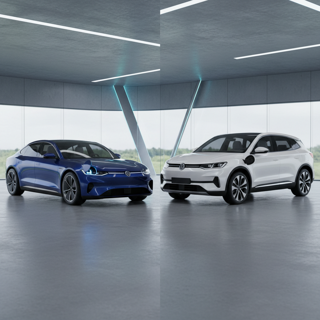Deux voitures, l'une électrique et l'autre hybride rechargeable, côte à côte, illustrant les distinctions entre ces deux types de véhicules.