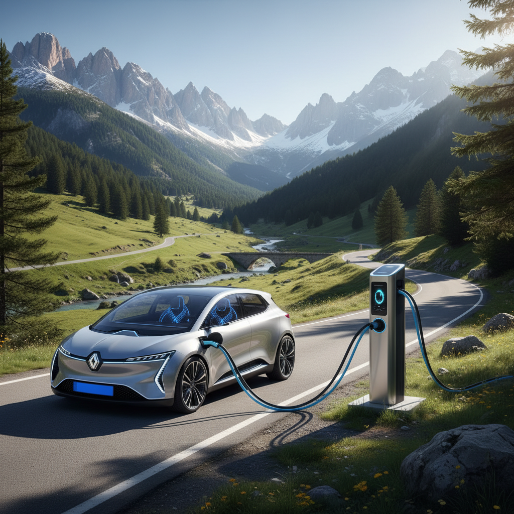 Image d'une voiture électrique Renault en train de se recharger sur une borne rapide en pleine nature, symbolisant les longs trajets.