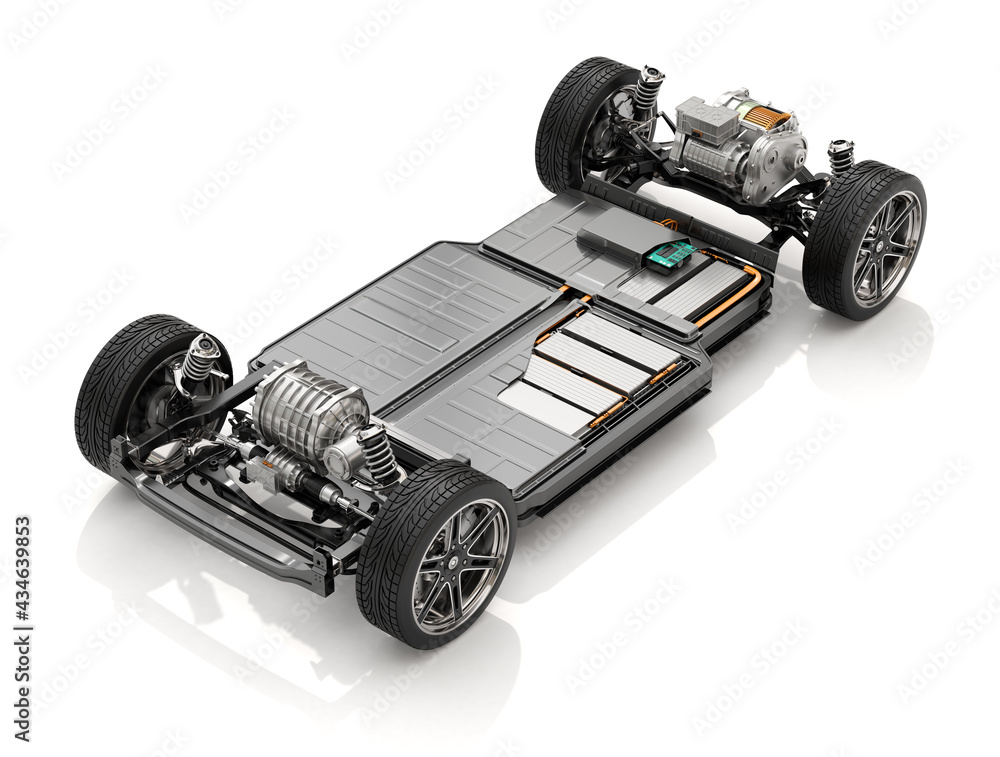 Image détaillée d'un pack de batterie de véhicule électrique coupé en deux, montrant les cellules, les câbles et les systèmes de refroidissement internes.