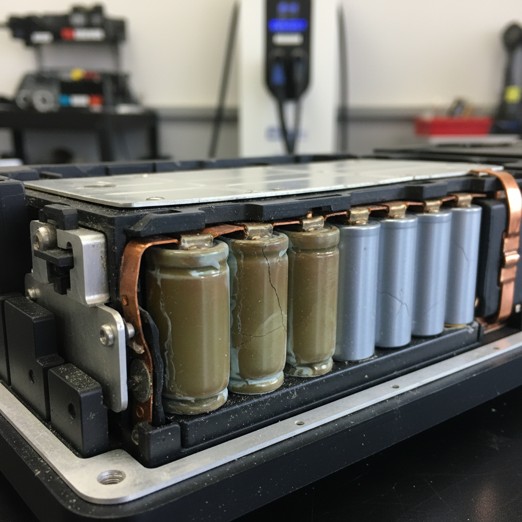 Illustration d'une batterie de véhicule électrique montrant des signes de dégradation.