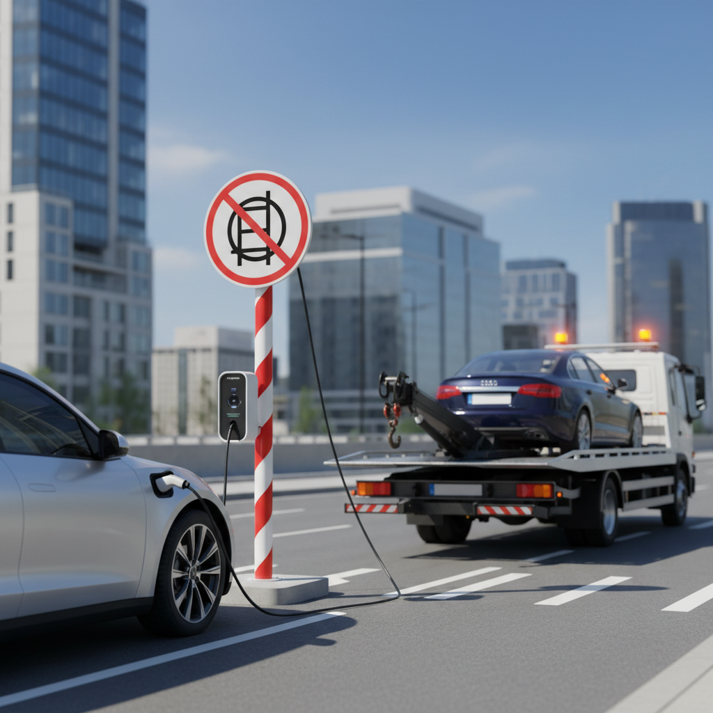 Panneau d'interdiction de stationner à une borne de recharge avec une dépanneuse.