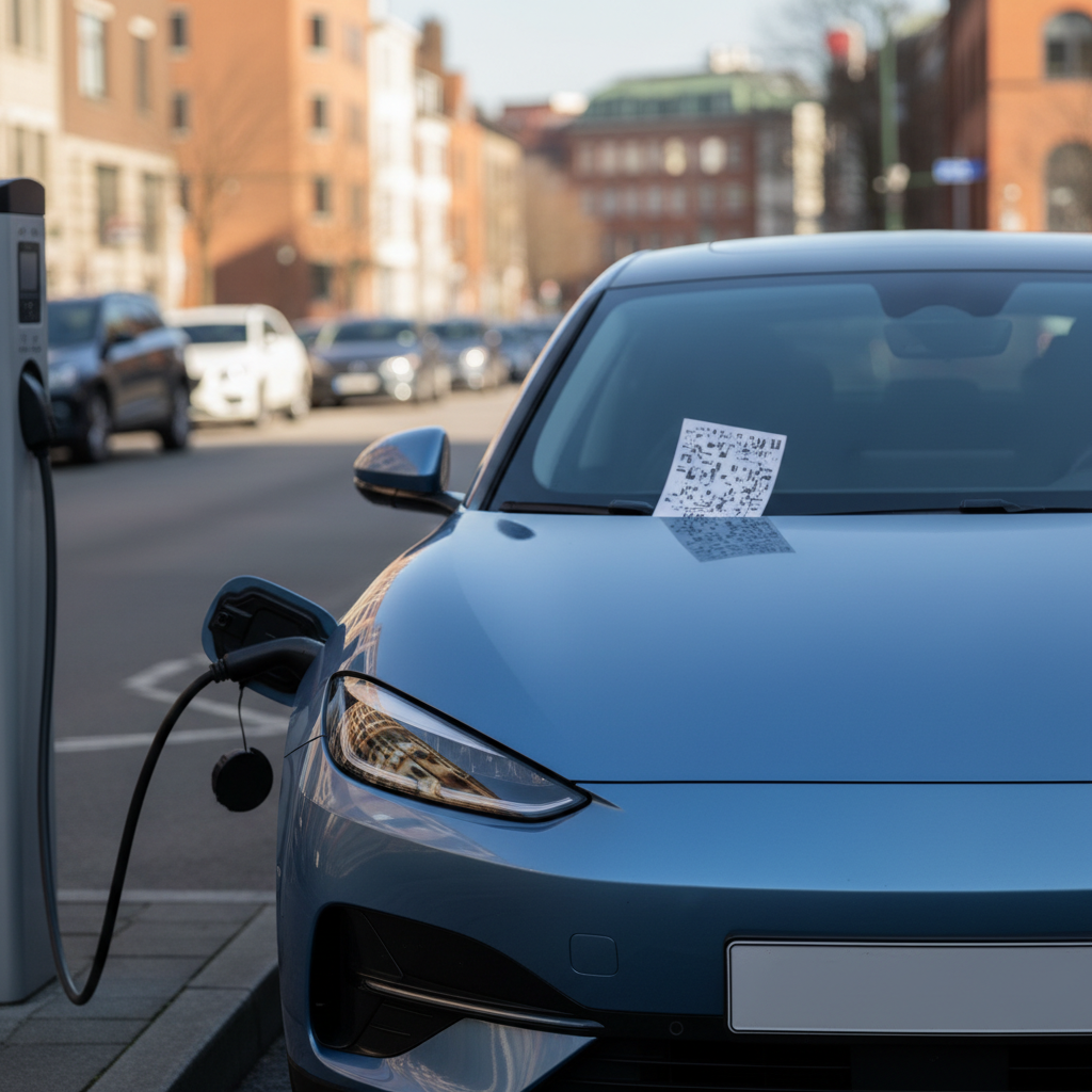 Image d'une contravention sur le pare-brise d'une voiture électrique garée à une borne de recharge.