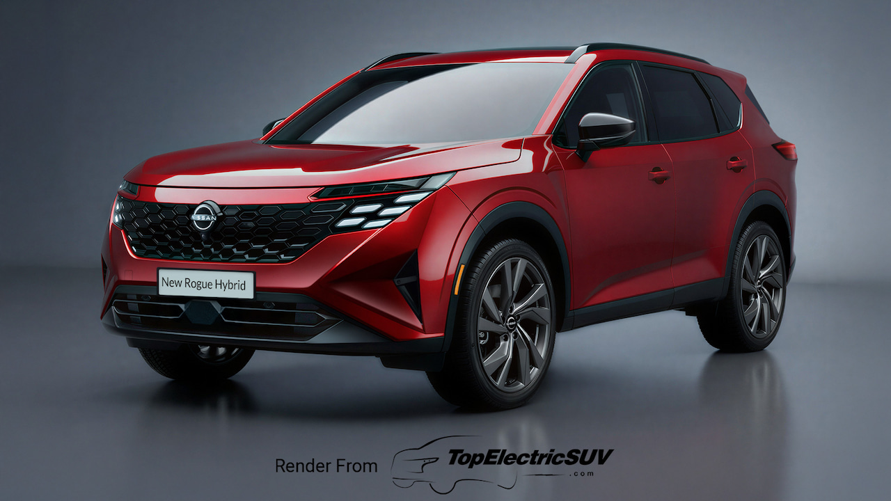 Photo d'un Nissan Rogue Hybrid 2027 de couleur moderne, garé dans un environnement urbain.