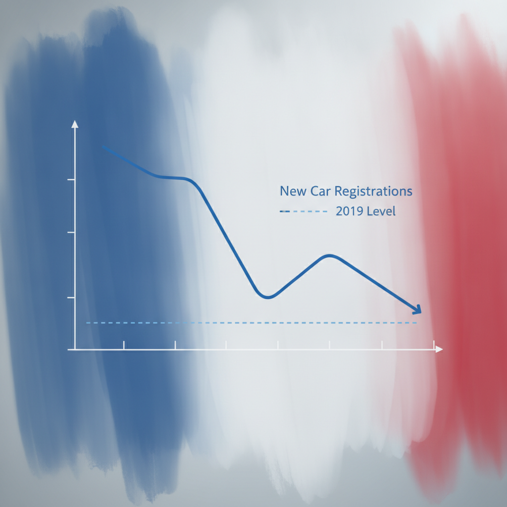Graphique illustrant la baisse des immatriculations de voitures neuves en France par rapport à 2019.